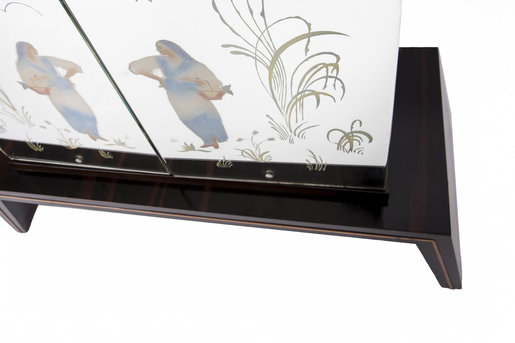 Art-deco bar furniture in macassar and acid-engraved mirror