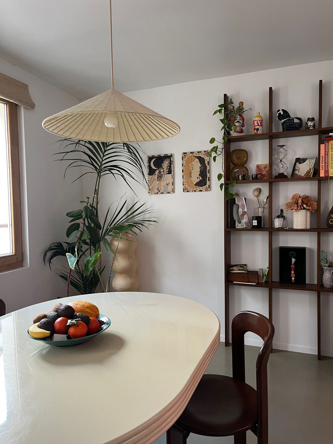 Vintage table, beige lacquered top and bamboo legs.