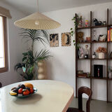 Vintage table, beige lacquered top and bamboo legs.