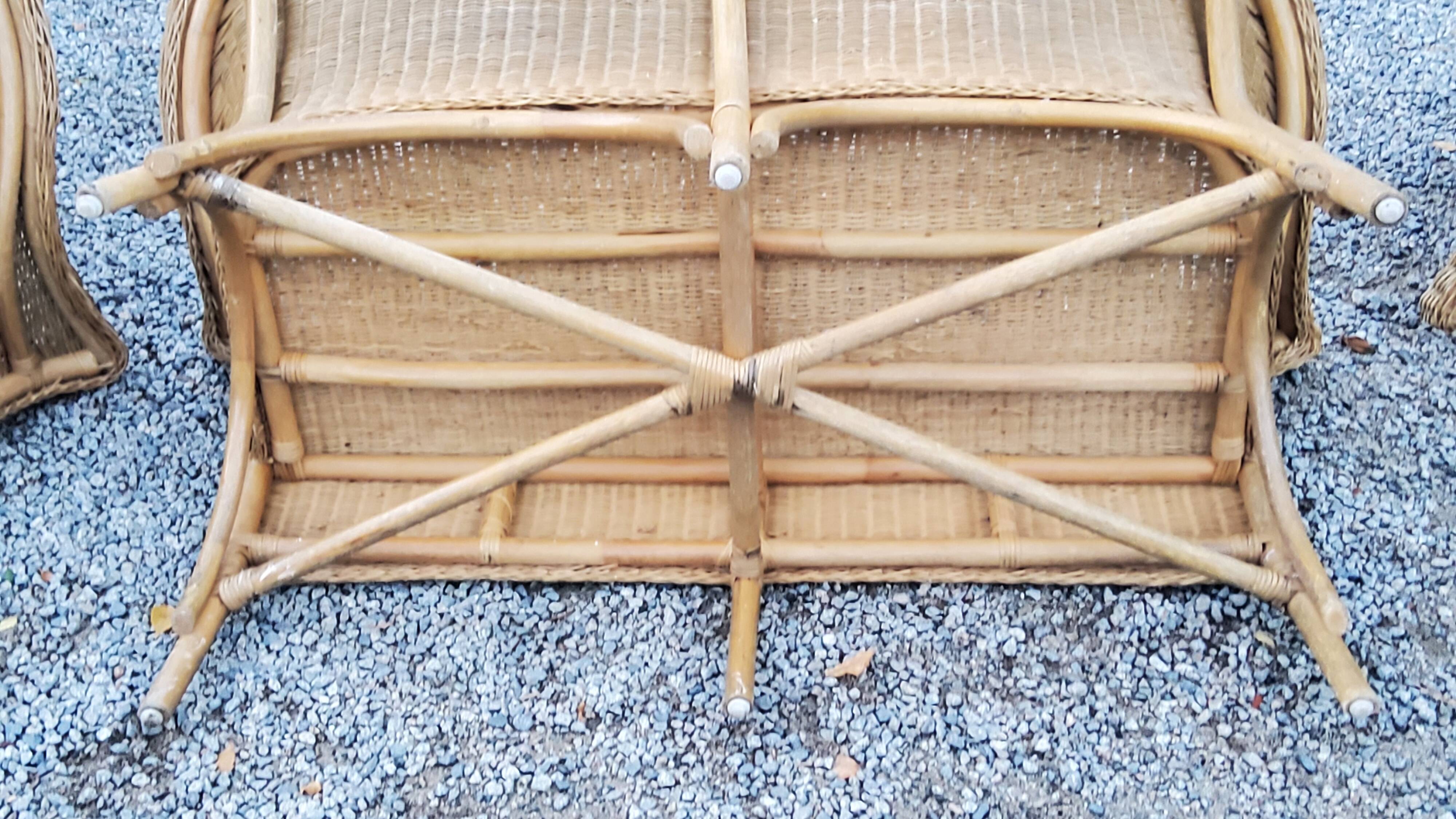 Pair of armchairs and bench in rattan and bamboo from the 60s/70s