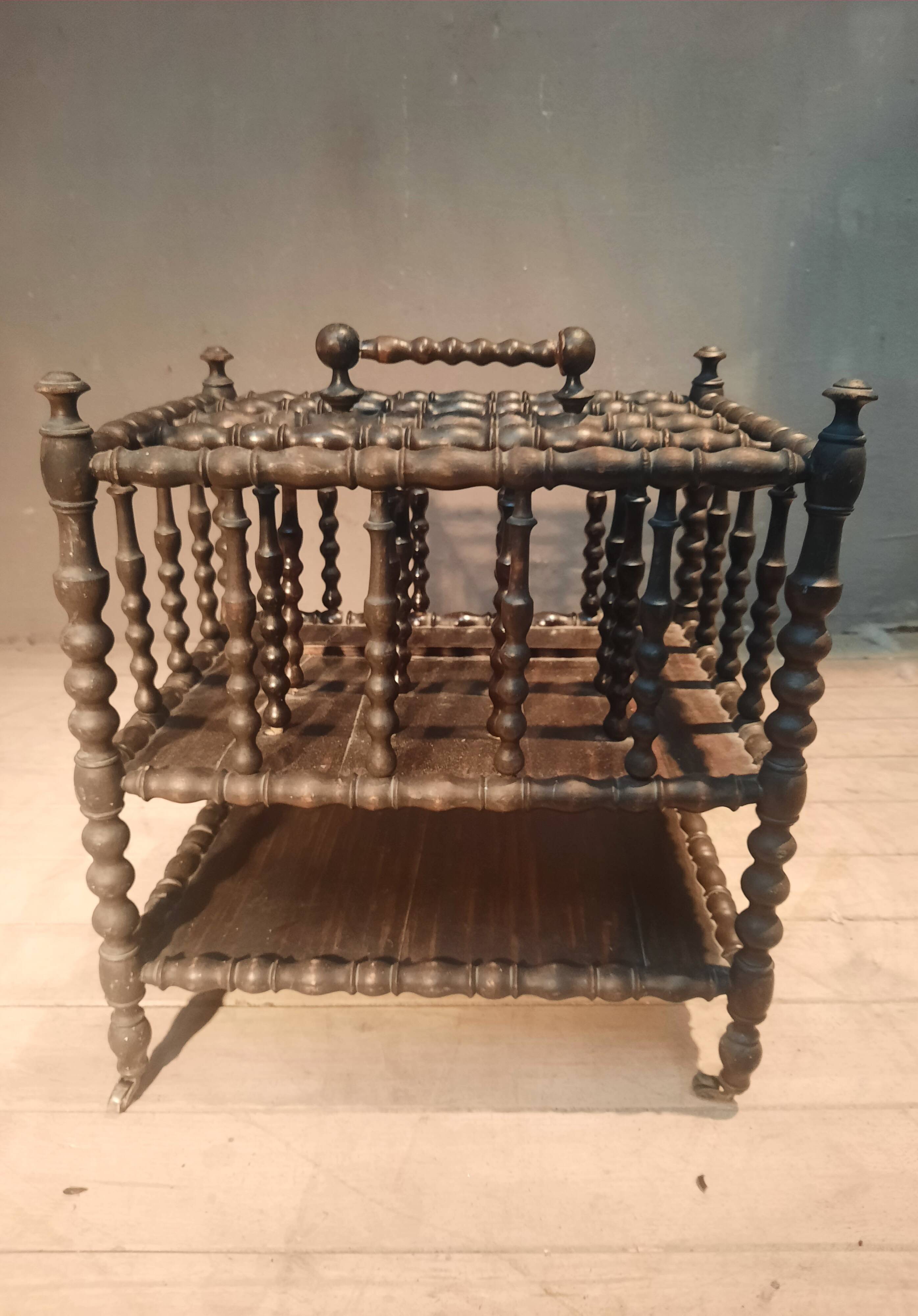 Rosewood magazine rack on casters