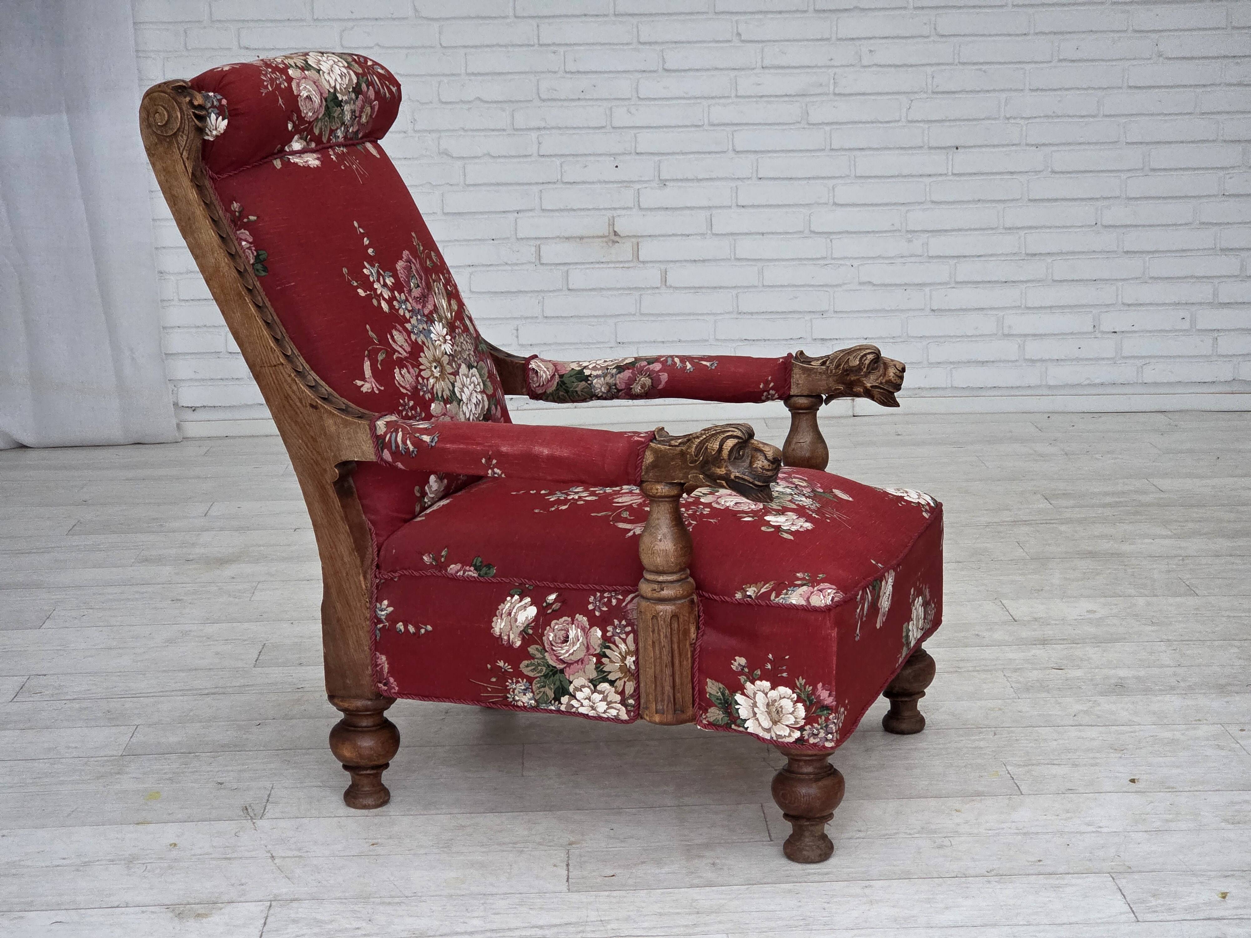 1920-30s, Danish armchair, furniture cotton fabric, hand carved oak wood.