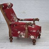 1920-30s, Danish armchair, furniture cotton fabric, hand carved oak wood.