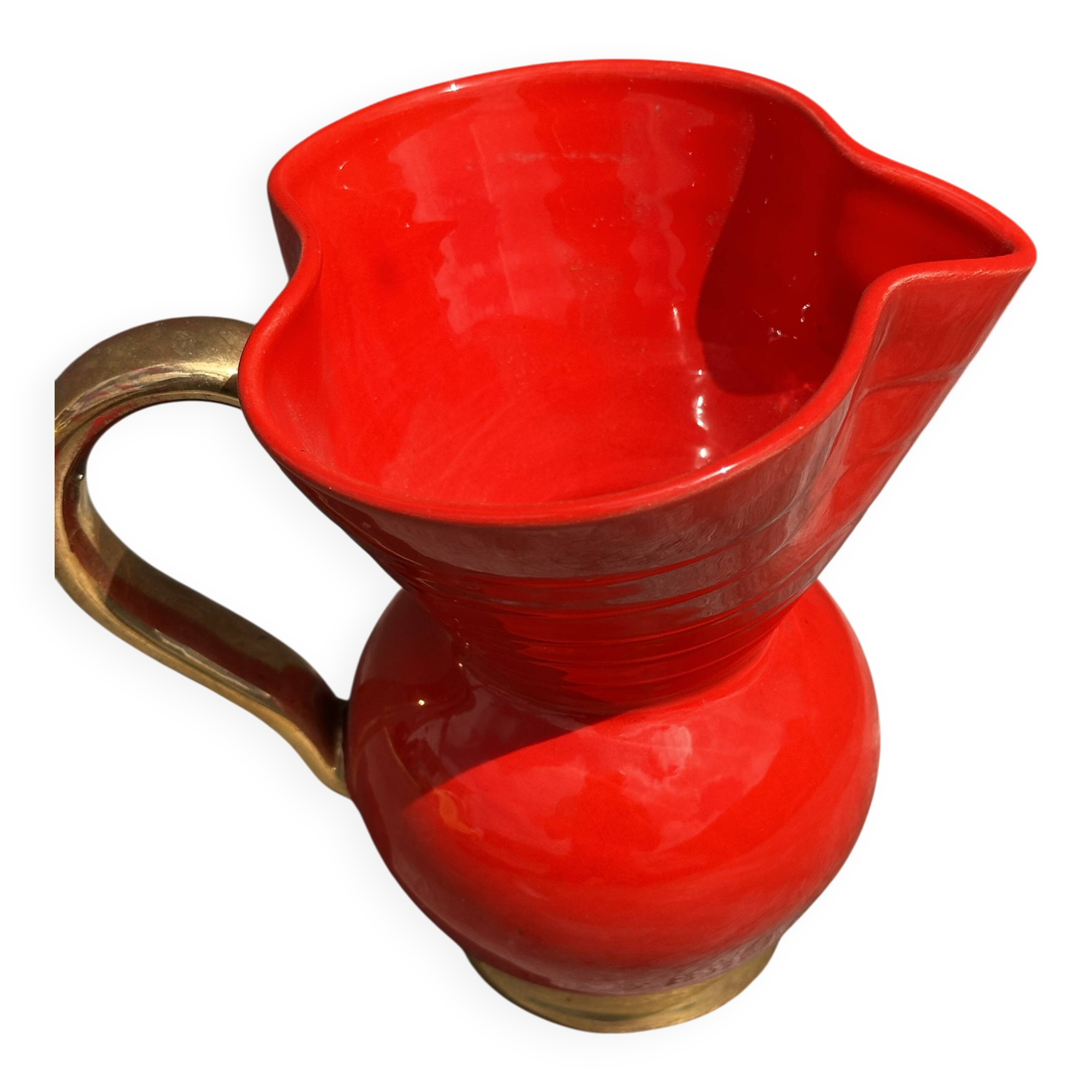 Red Pitcher Vase with Gold Accents Attributed to André Baud - Vallauris
