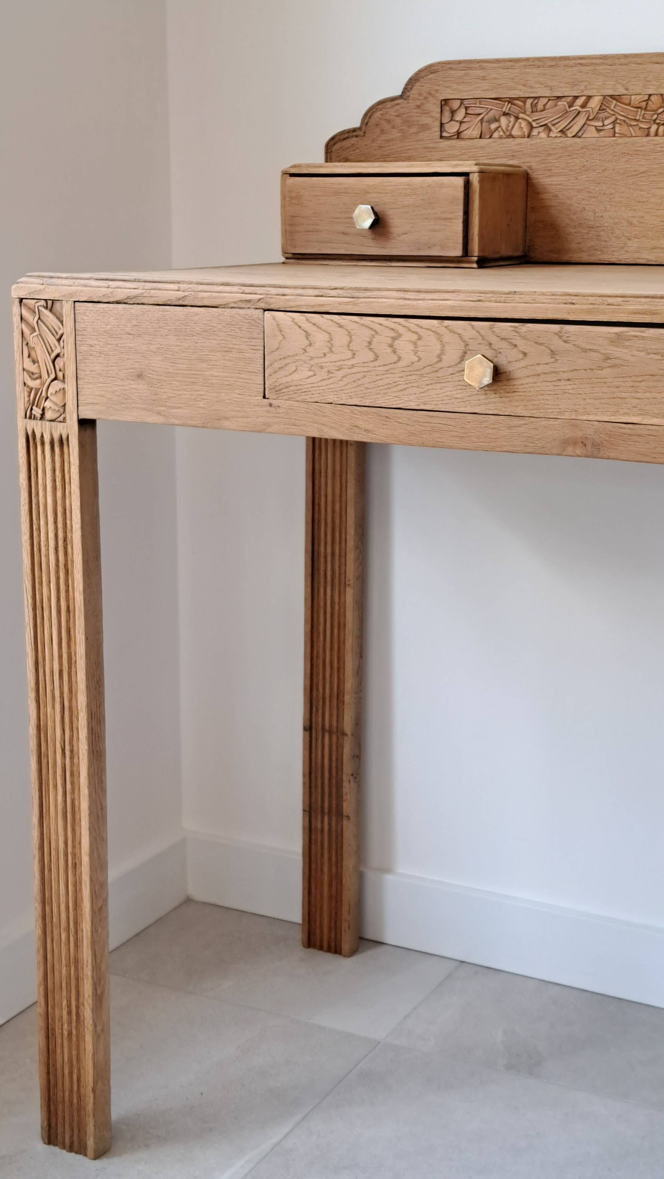 Art Deco oak desk, stripped finish, console size, 3 drawers.