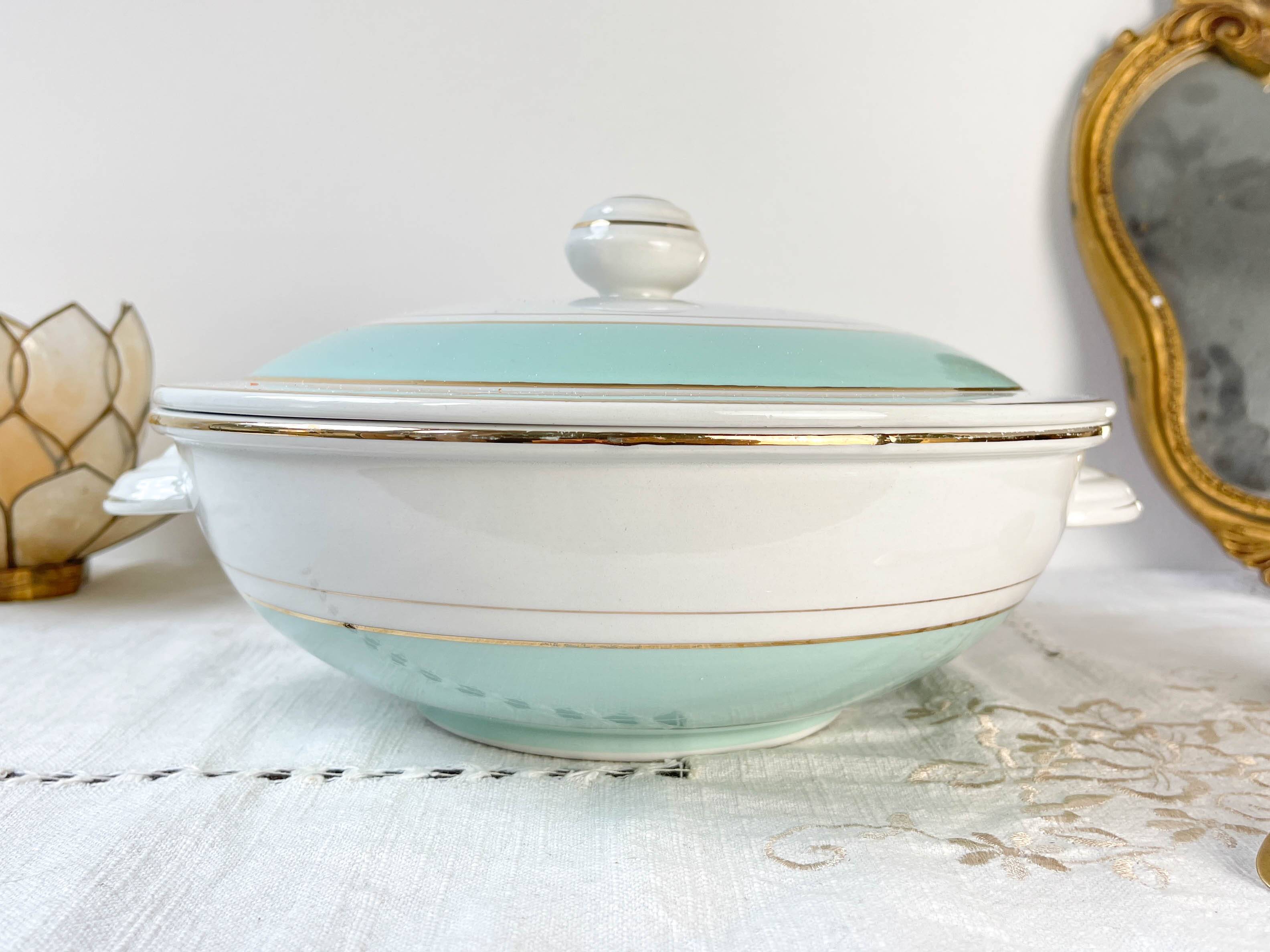 Vintage white and green porcelain tureen, Luneville, Epinay, France, 1950s