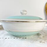 Vintage white and green porcelain tureen, Luneville, Epinay, France, 1950s