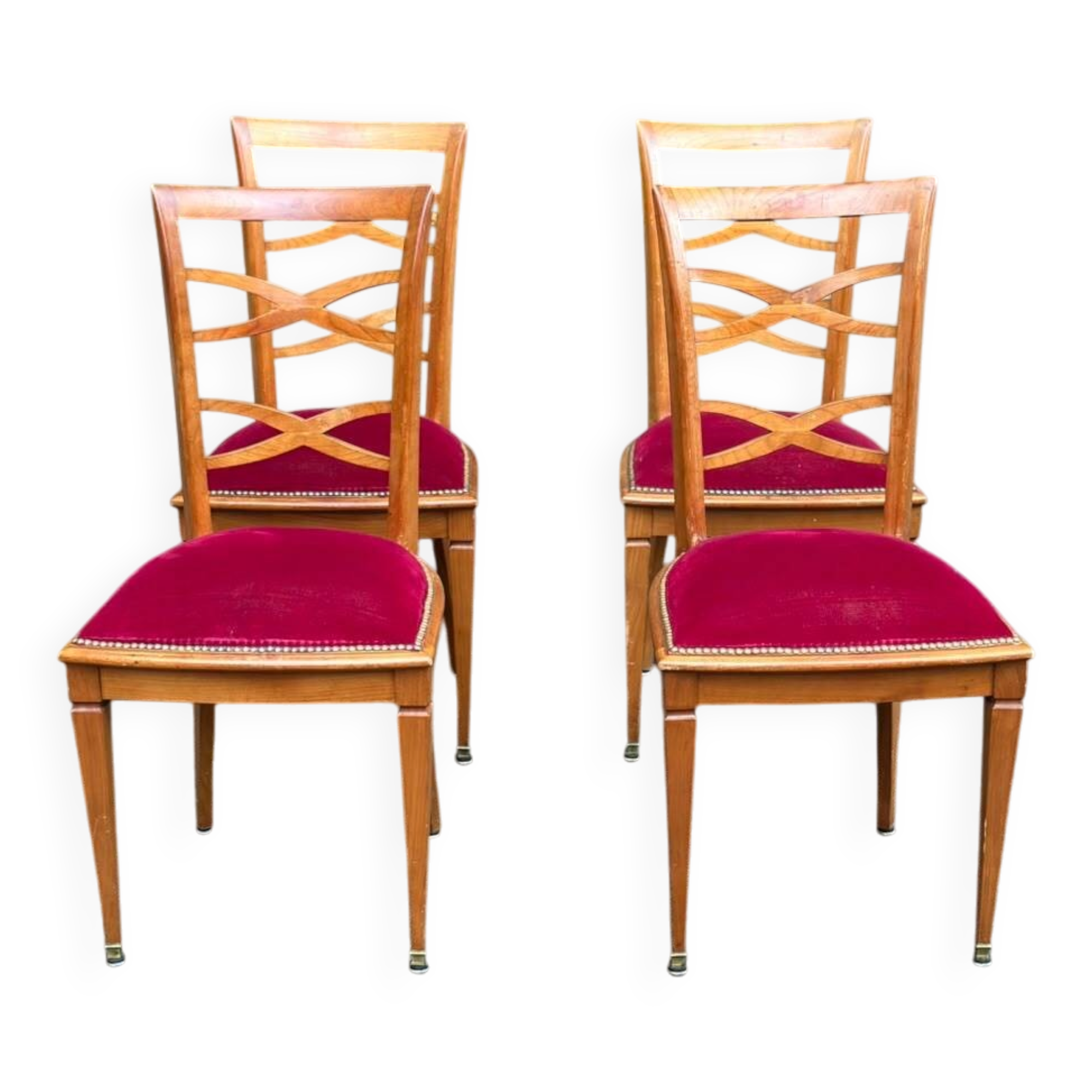 Set of 4 Art Deco Directoire chairs in solid wood and red velvet, 1960.