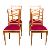 Set of 4 Art Deco Directoire chairs in solid wood and red velvet, 1960.