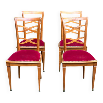 Set of 4 Art Deco Directoire chairs in solid wood and red velvet, 1960.