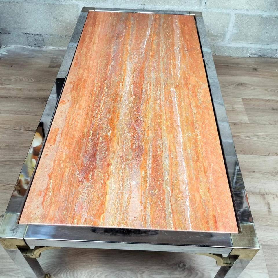 Vintage coffee table chrome steel and brass marble top Italy circa 1970