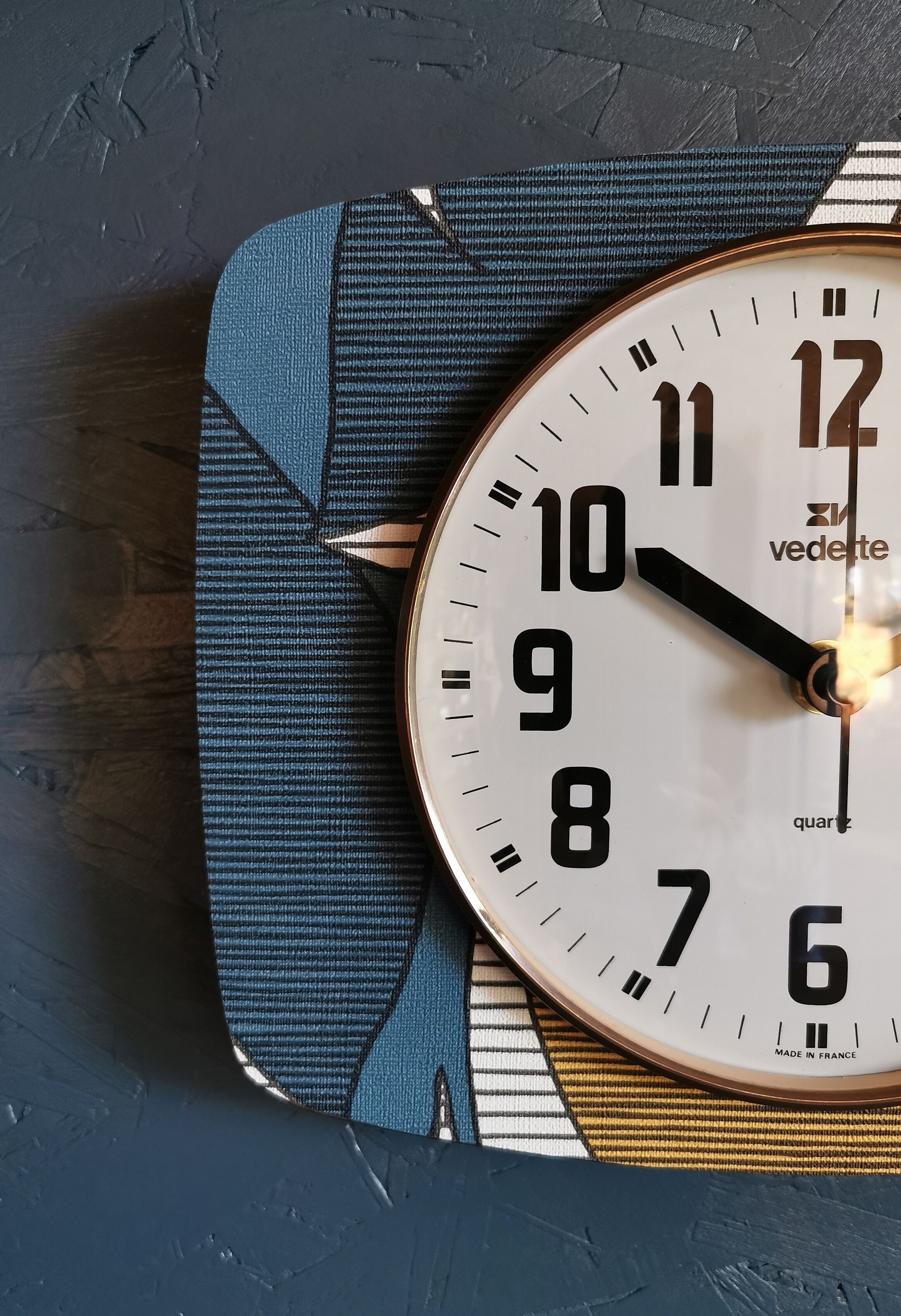 Vintage clock silent rectangular wall clock "Vedette bleu blanc ochre"