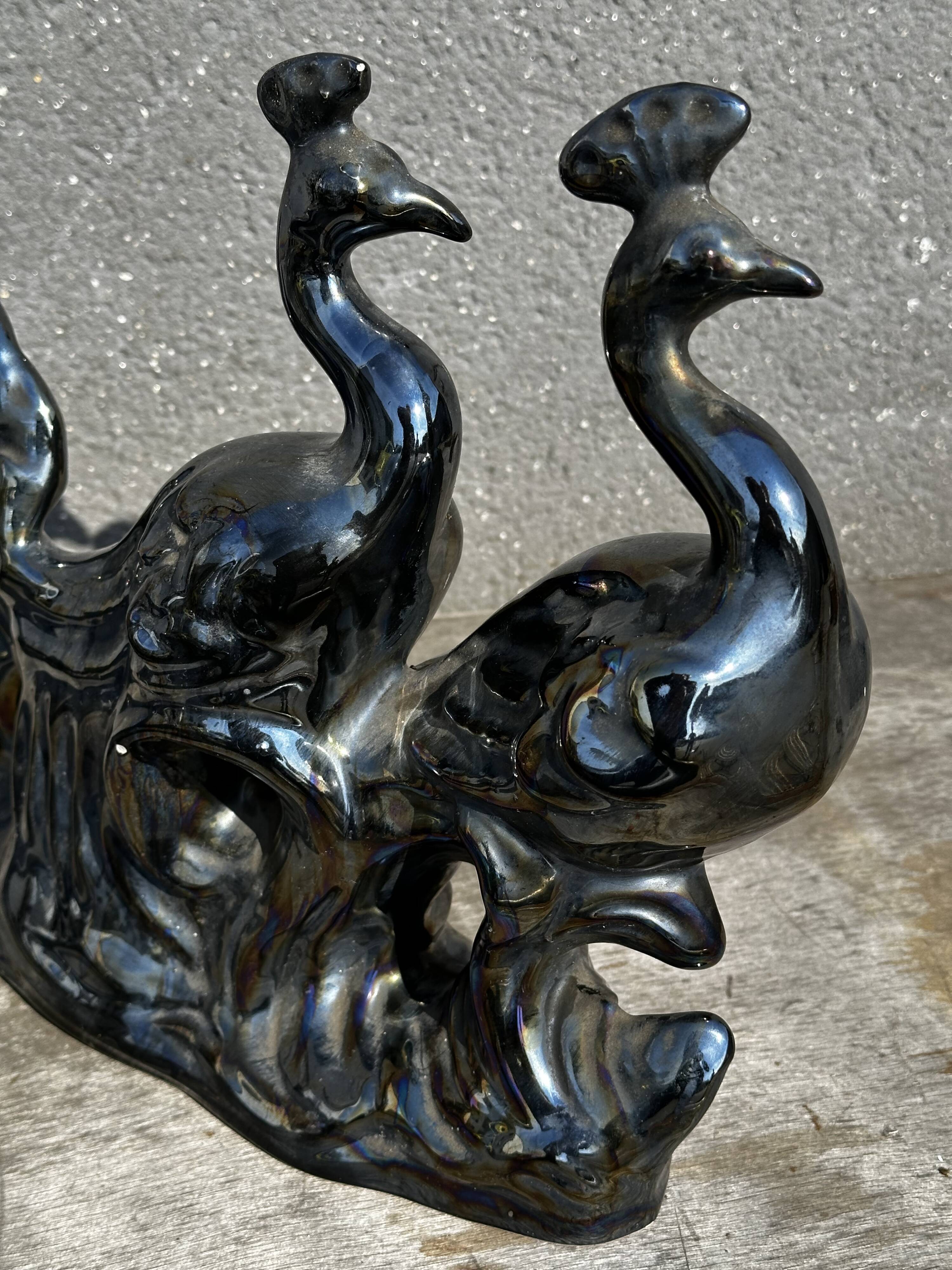 Centerpiece Pair of Peacocks Ceramic Vallauris Iridescent Anthracite Grey