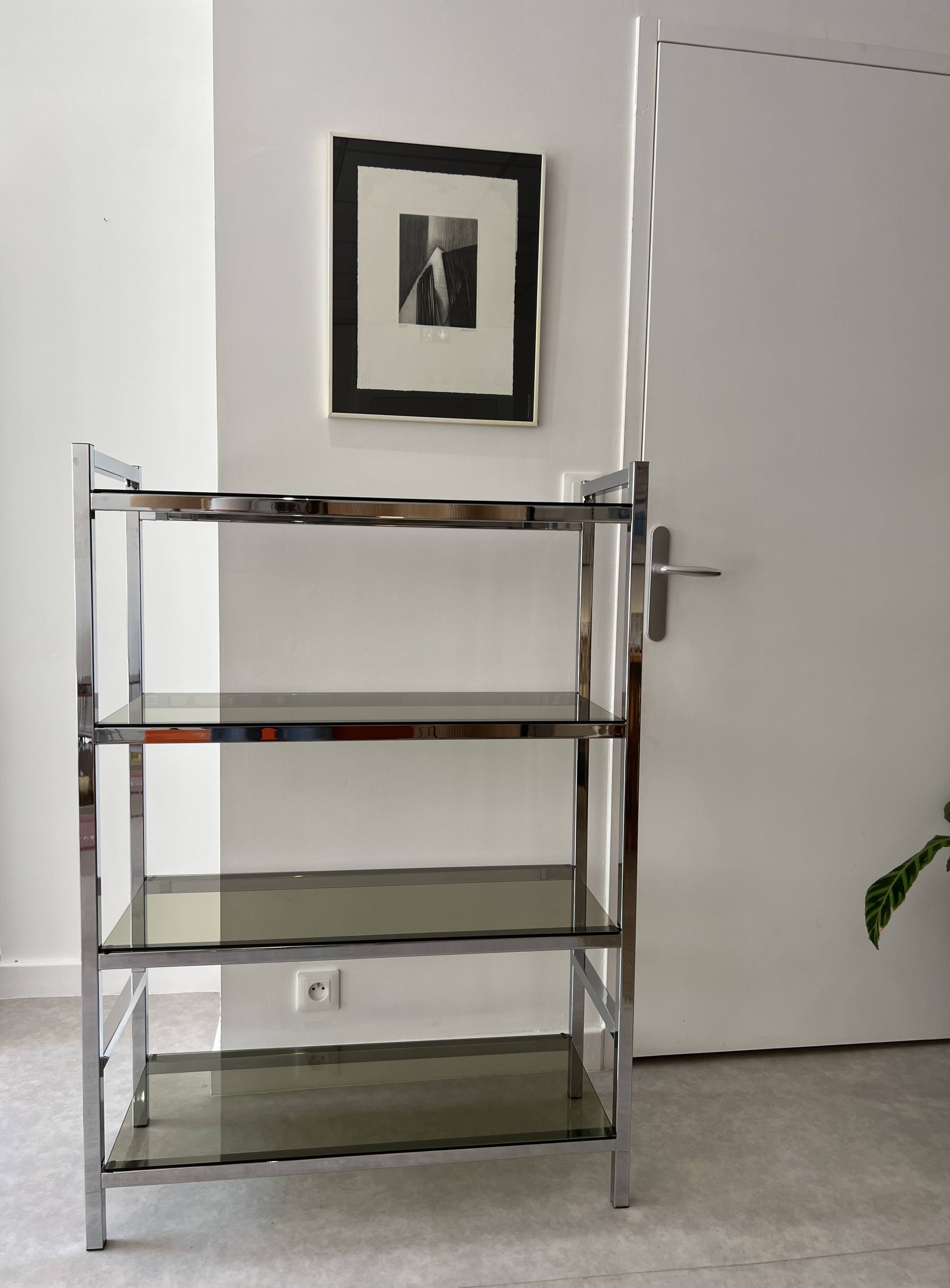 Chrome and smoked glass bookcase/shelf, circa 1970