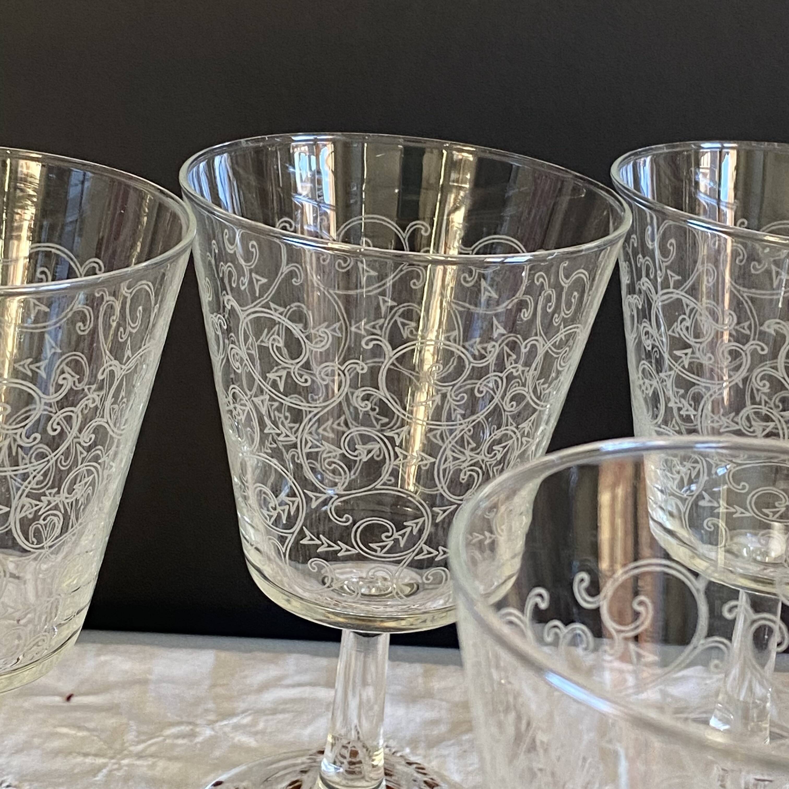 6 large antique wine or water glasses engraved with arabesques