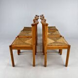 Set of 6 Scandinavian Pine and Rush Dining Chairs, 1970s