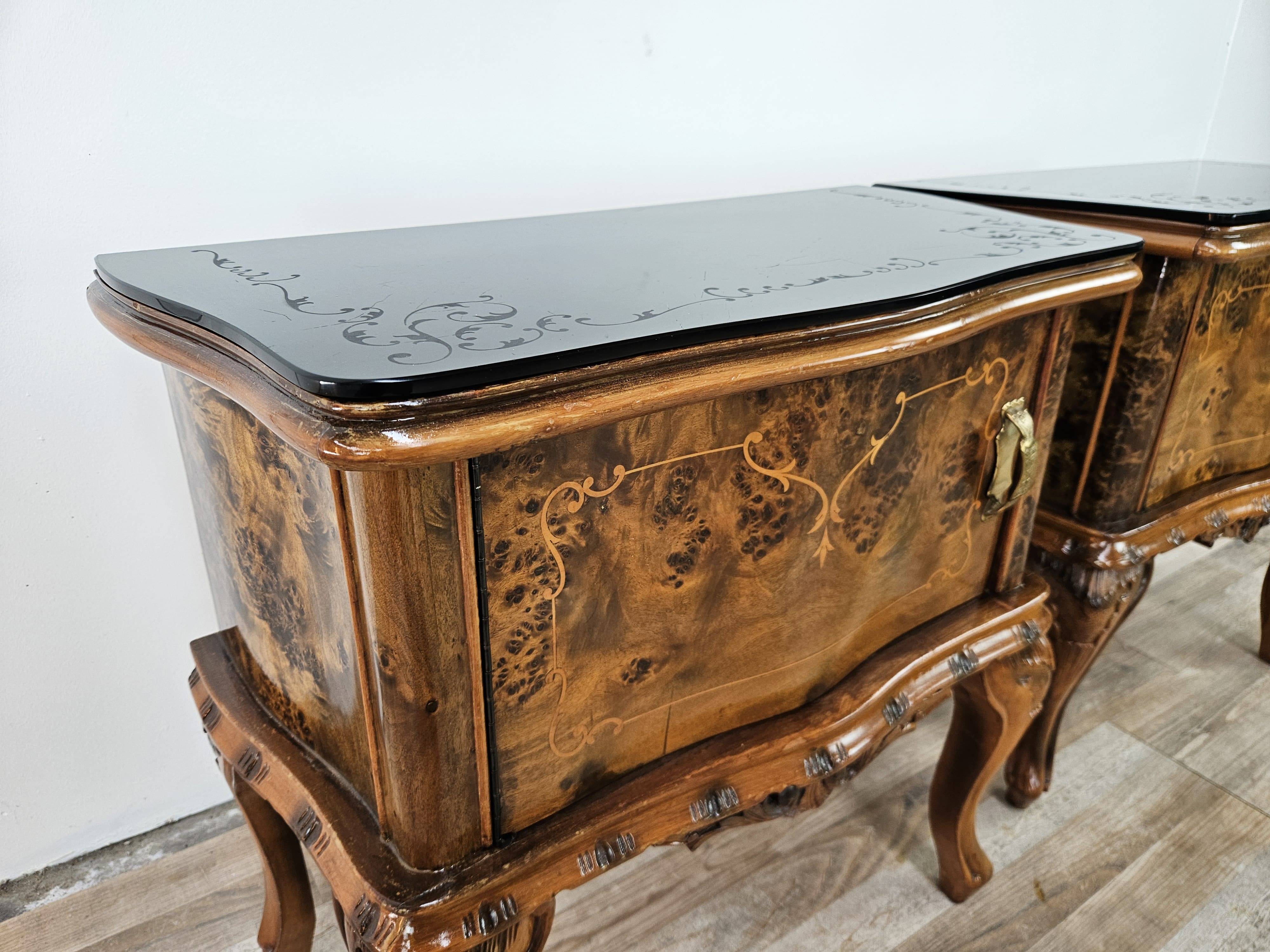 1950s Chippendale bedside tables with black glass