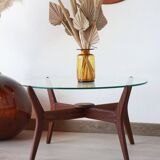 Round coffee table - glass top and teak base