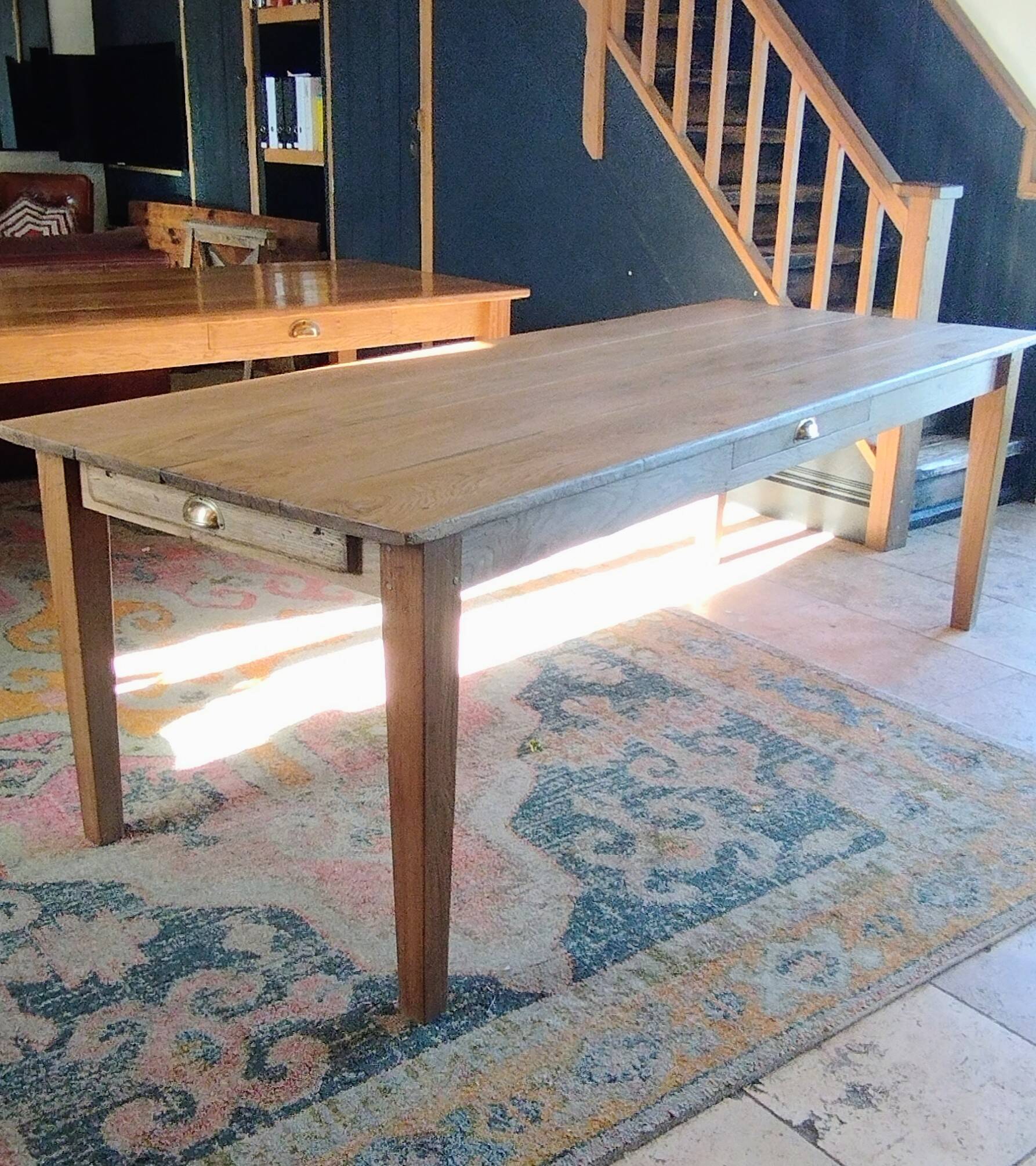 Solid oak farmhouse table with central drawer and extension