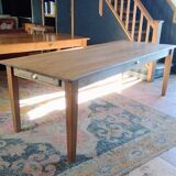Solid oak farmhouse table with central drawer and extension
