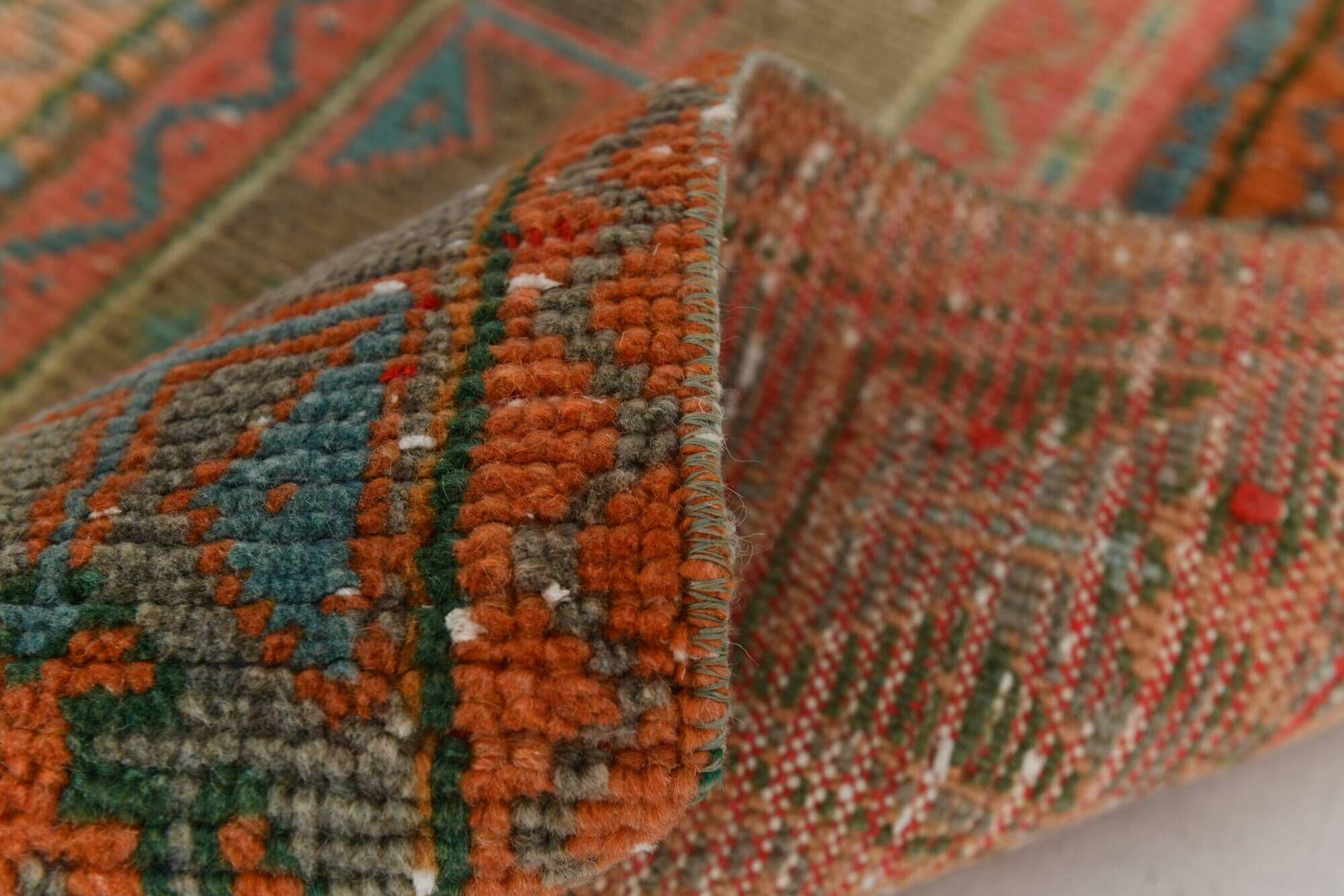 2x9 Vintage Coral Orange & Green Turkish Runner Rug, 70x275Cm
