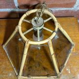 Antique Hexagonal Bamboo Rattan Pendant Light + Vintage Engraved Glass Plates