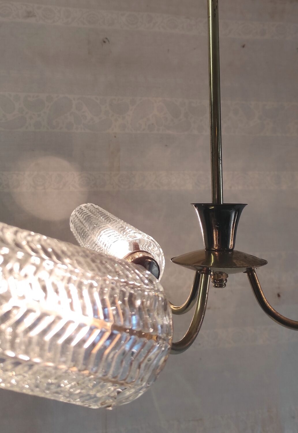 Brass chandelier with three lights and glass tulips - 1950s/60s