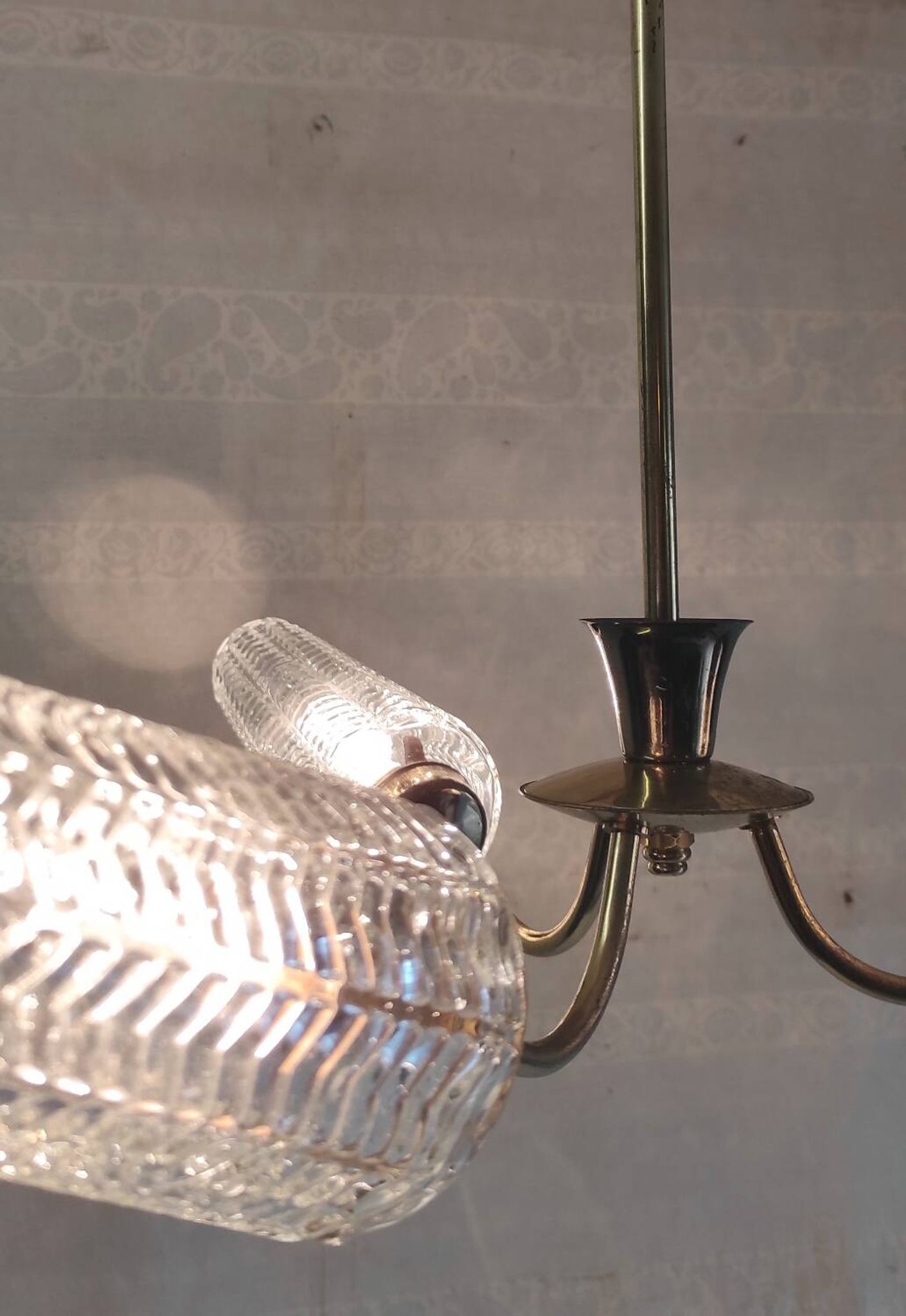 Brass three-light chandelier with glass tulips - 1950s/60s