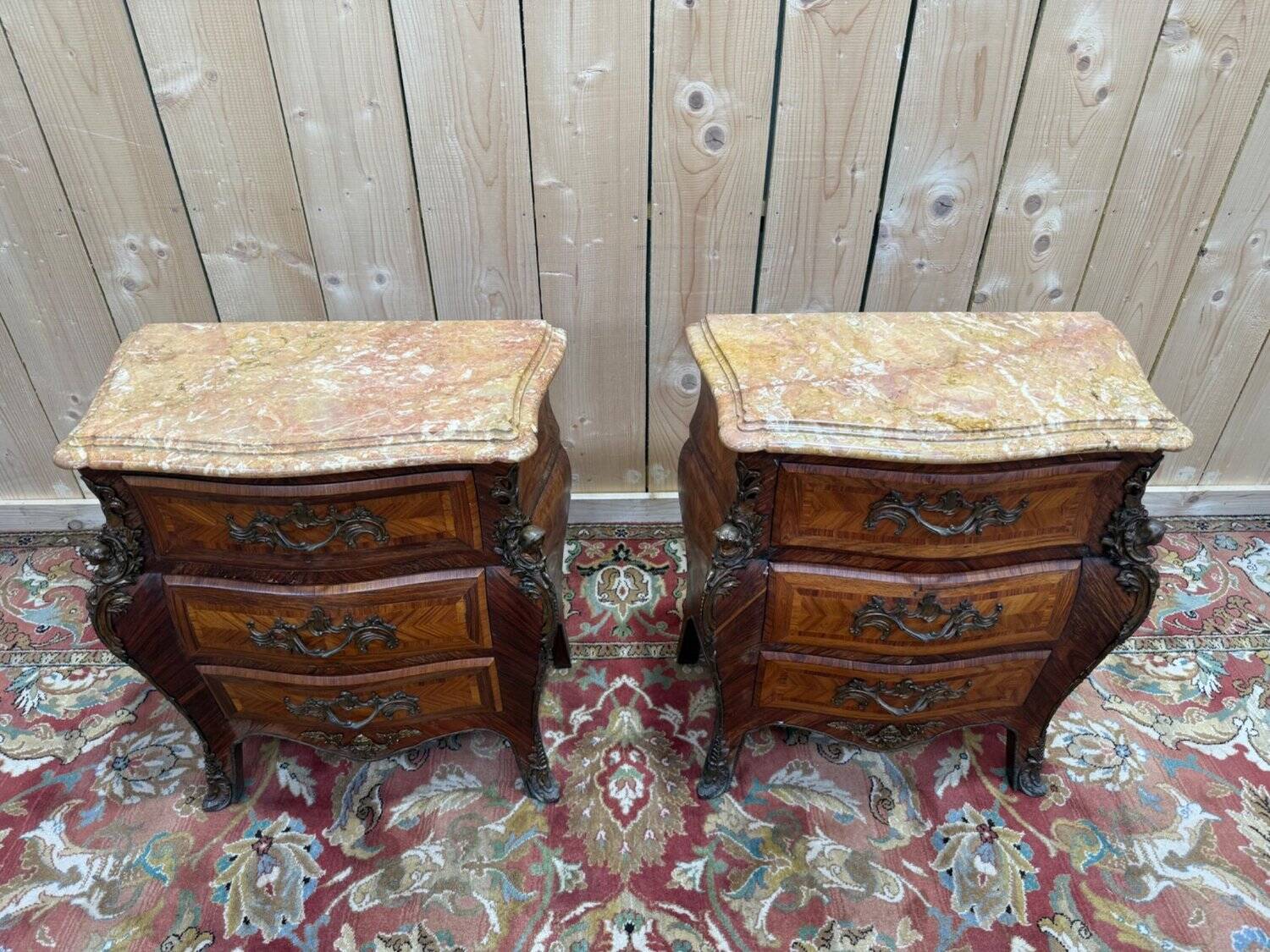 Pair of small bombe chests – Louis XV style – Marquetry & Marble –