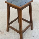 High workshop stool in dark wood and grey blue linoleum 60cm