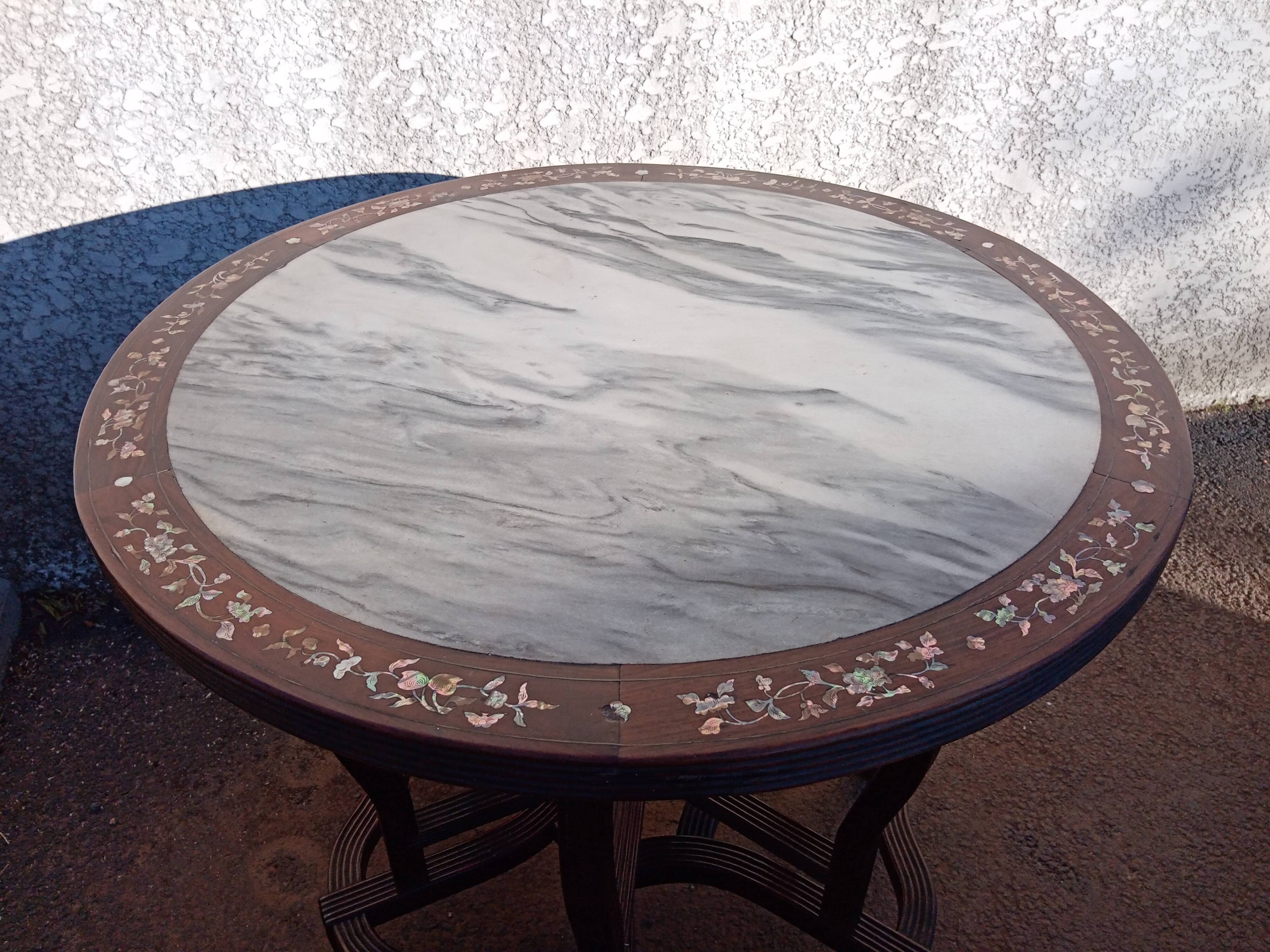 19th century Asian pedestal table with mother-of-pearl and brass inlay