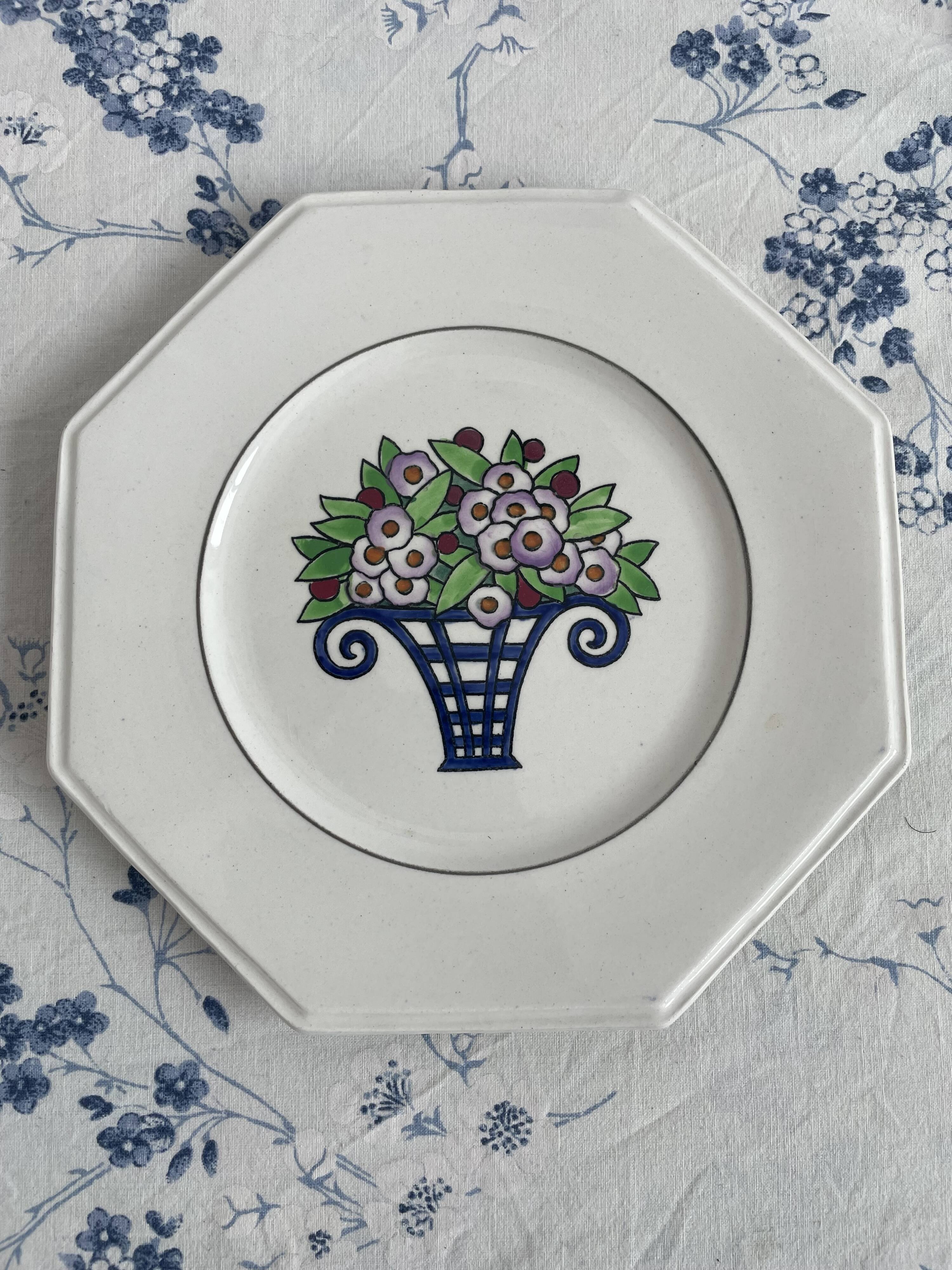 Longwy Service of 6 Octagonal Plates, 1927–1928, Art Deco, stamped