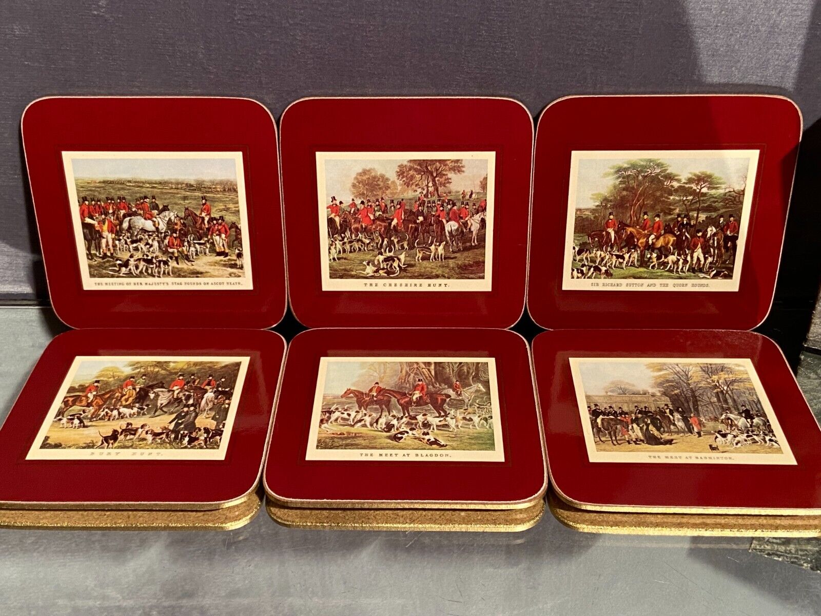Suite de 6 dessous de verre en liège Clover Leaf décor scènes de chasse à courre