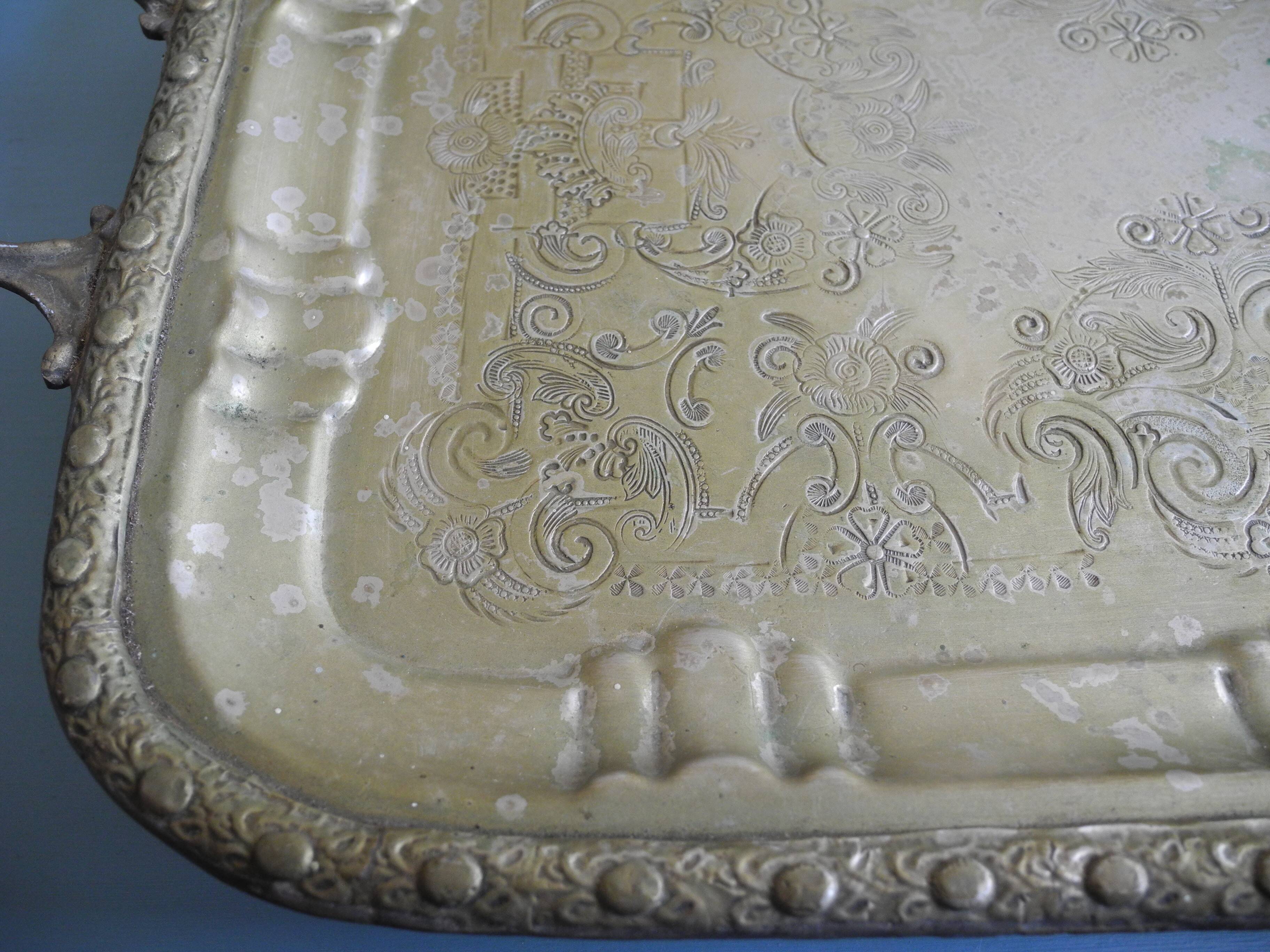 Ancien plateau thé métal argenté doré gilded silver-plated metal tea tray