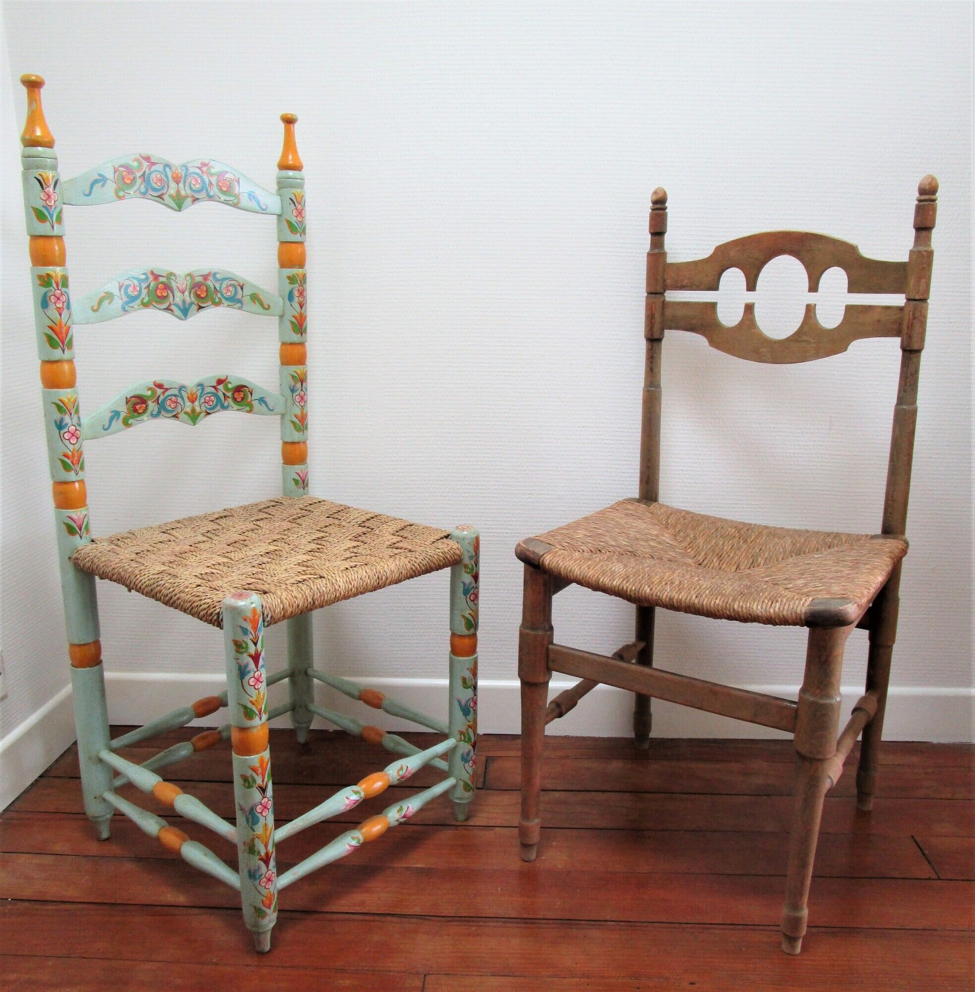 Two chairs patinated polka dots and painted wood folk art seat vintage straw