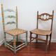 Two chairs patinated polka dots and painted wood folk art seat vintage straw