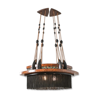 Amsterdam School Chandelier in Ebony, Carved Wood, Glass in Lead and Silk - 1920's