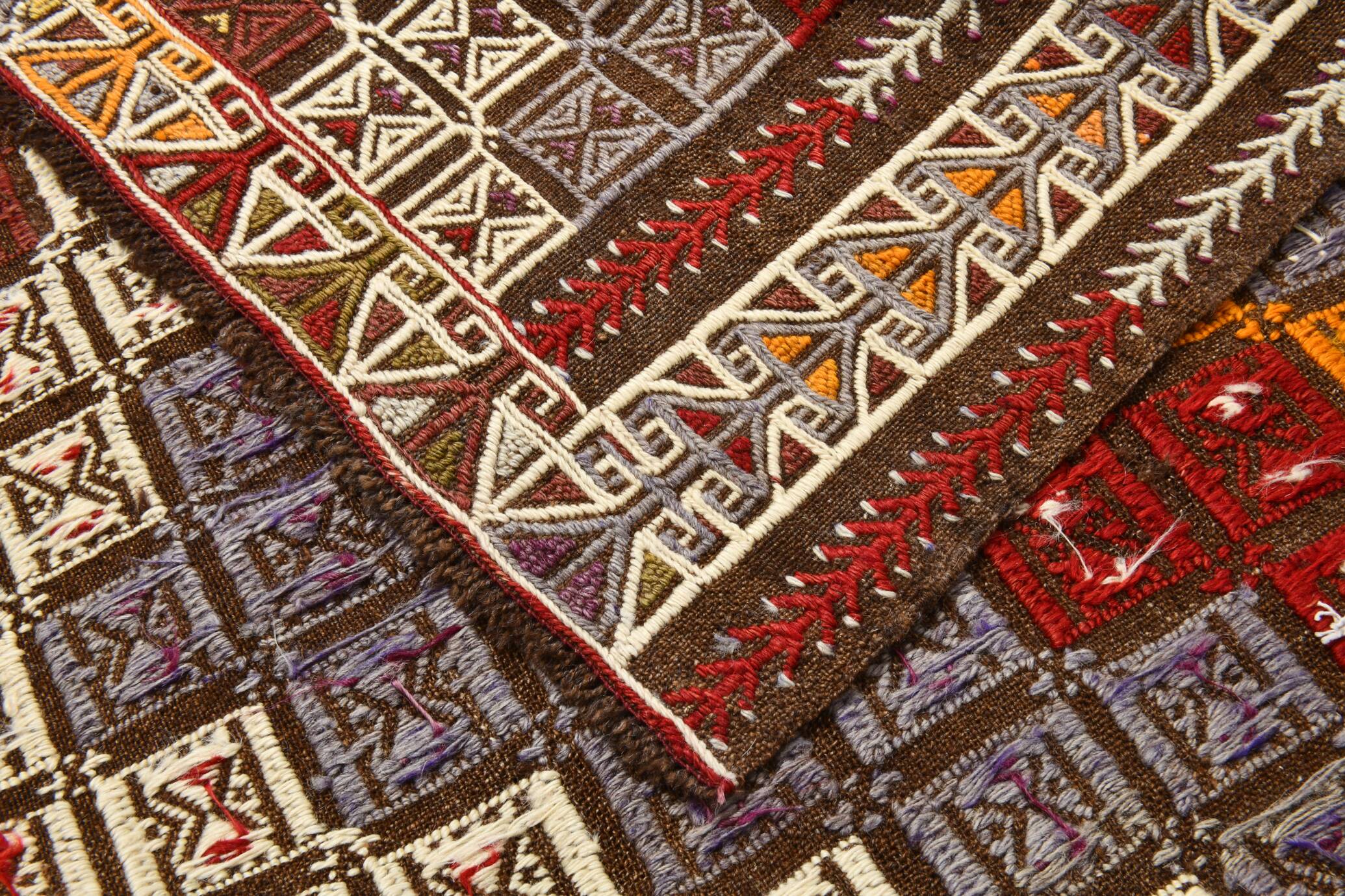 Deep Burgundy & Mustard Yellow Star Pattern Turkish Kilim Rug, 145x282 Cm