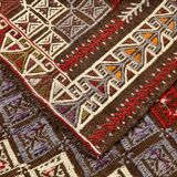 Deep Burgundy & Mustard Yellow Star Pattern Turkish Kilim Rug, 145x282 Cm