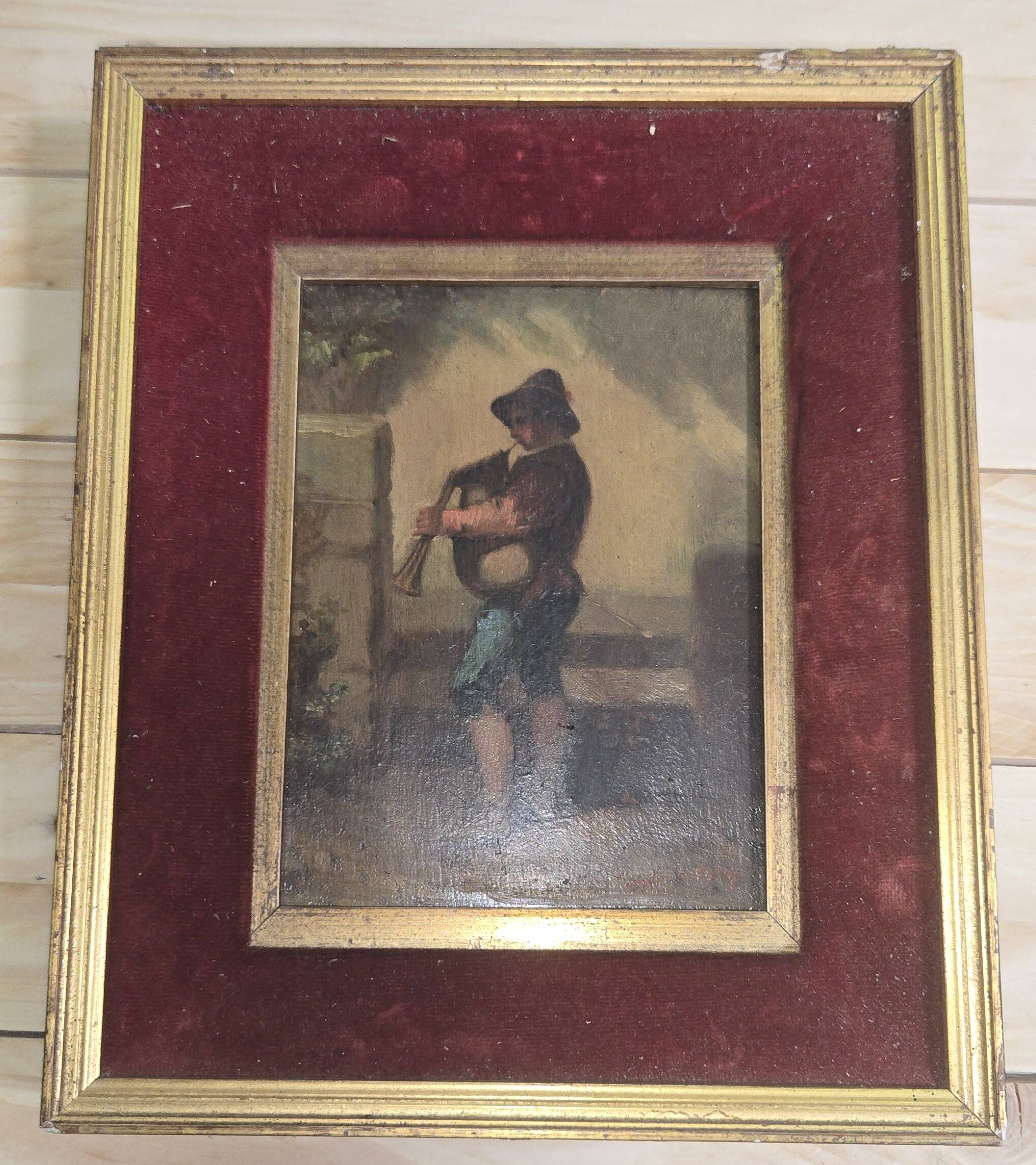 Oil on panel depicting a young bagpipe player – 19th century