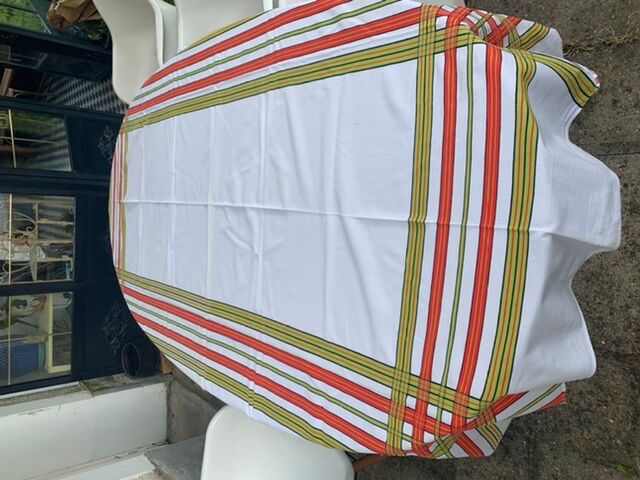 Large rectangular tablecloth with stripes on a vintage white background