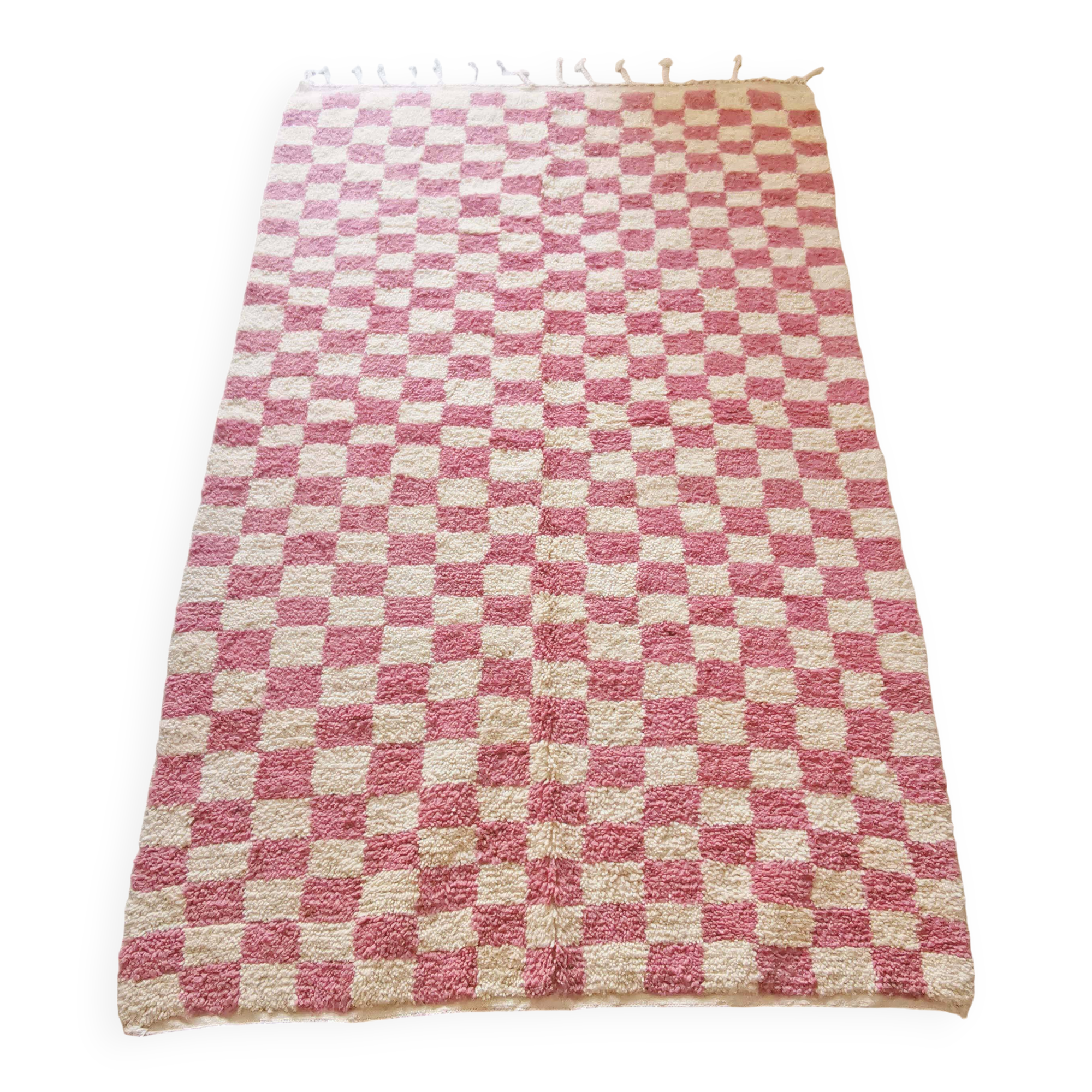 Pink and white checkered Beni Ouarain Berber rug