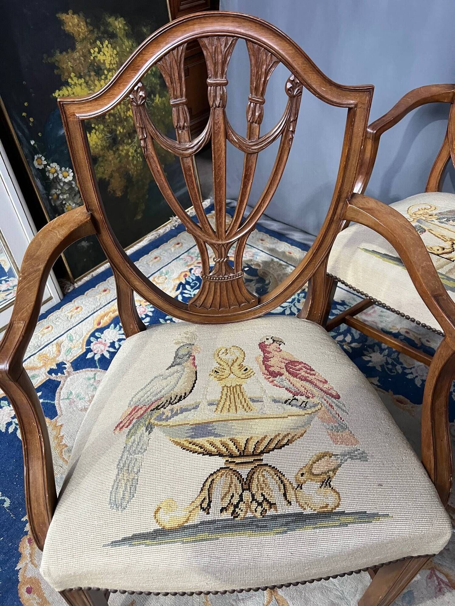 Set of four Sheraton-style armchairs. Solid walnut.