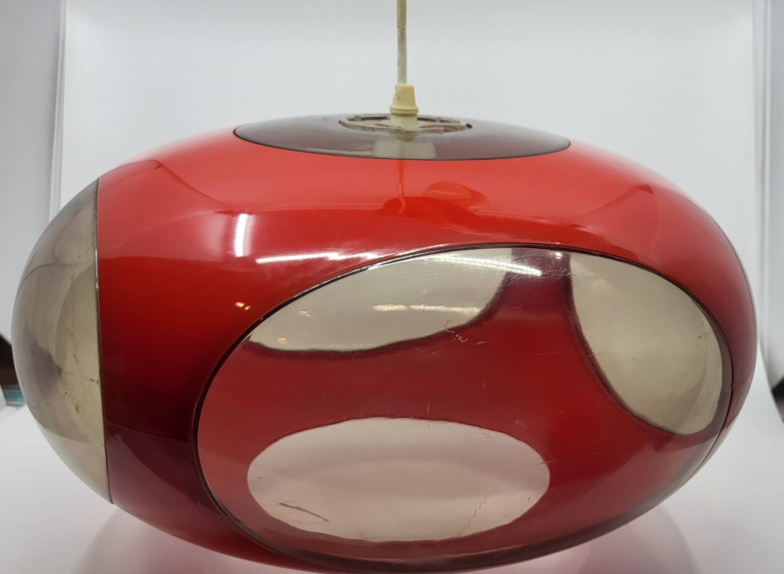 Massive Belgium red plexiglass UFO Space Age pendant light, 1970