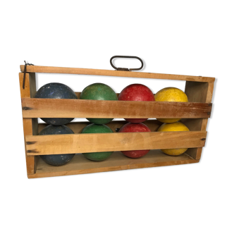 Jeu de boules en bois coffret et filet 1960