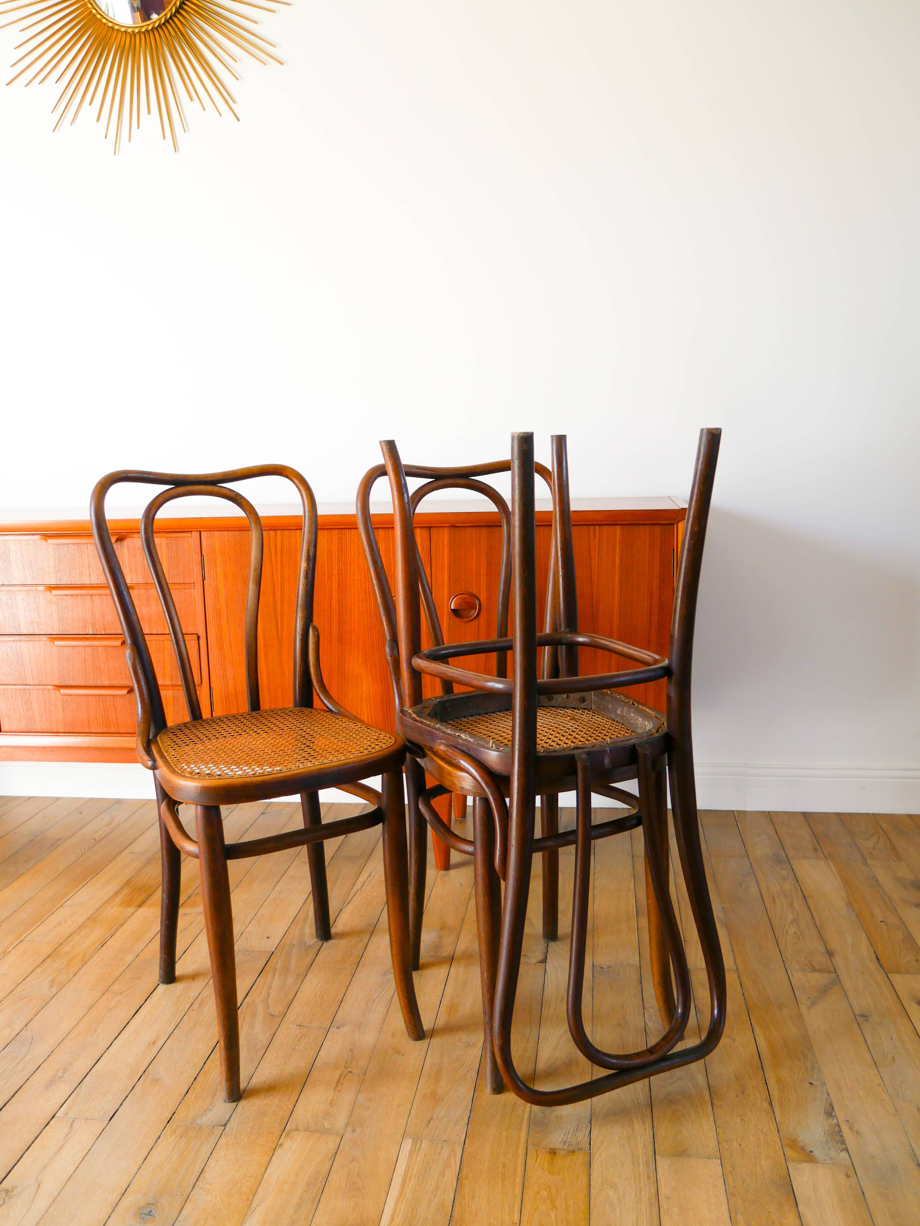 Set of 3 bistro chairs in wood and canework signed J. Kohn, Made in Austria, 20th century