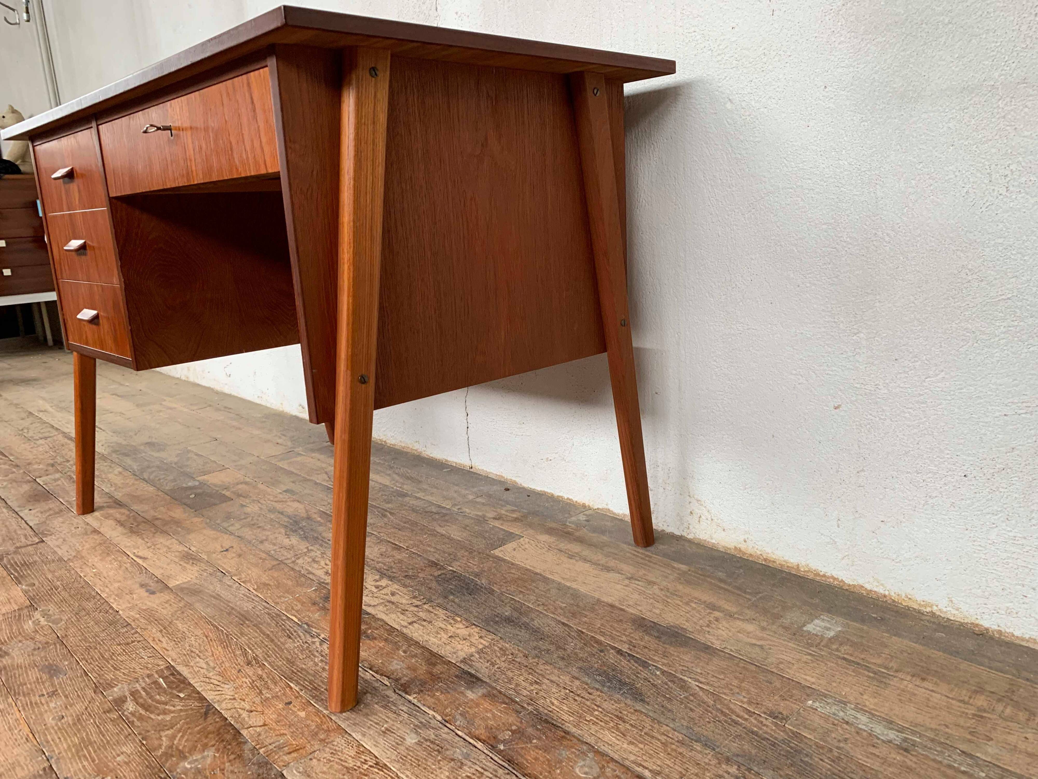Bureau scandinave teck 1950 1960 vintage rétro ancien - pieds compas - 3 tiroirs - LEGRAND D