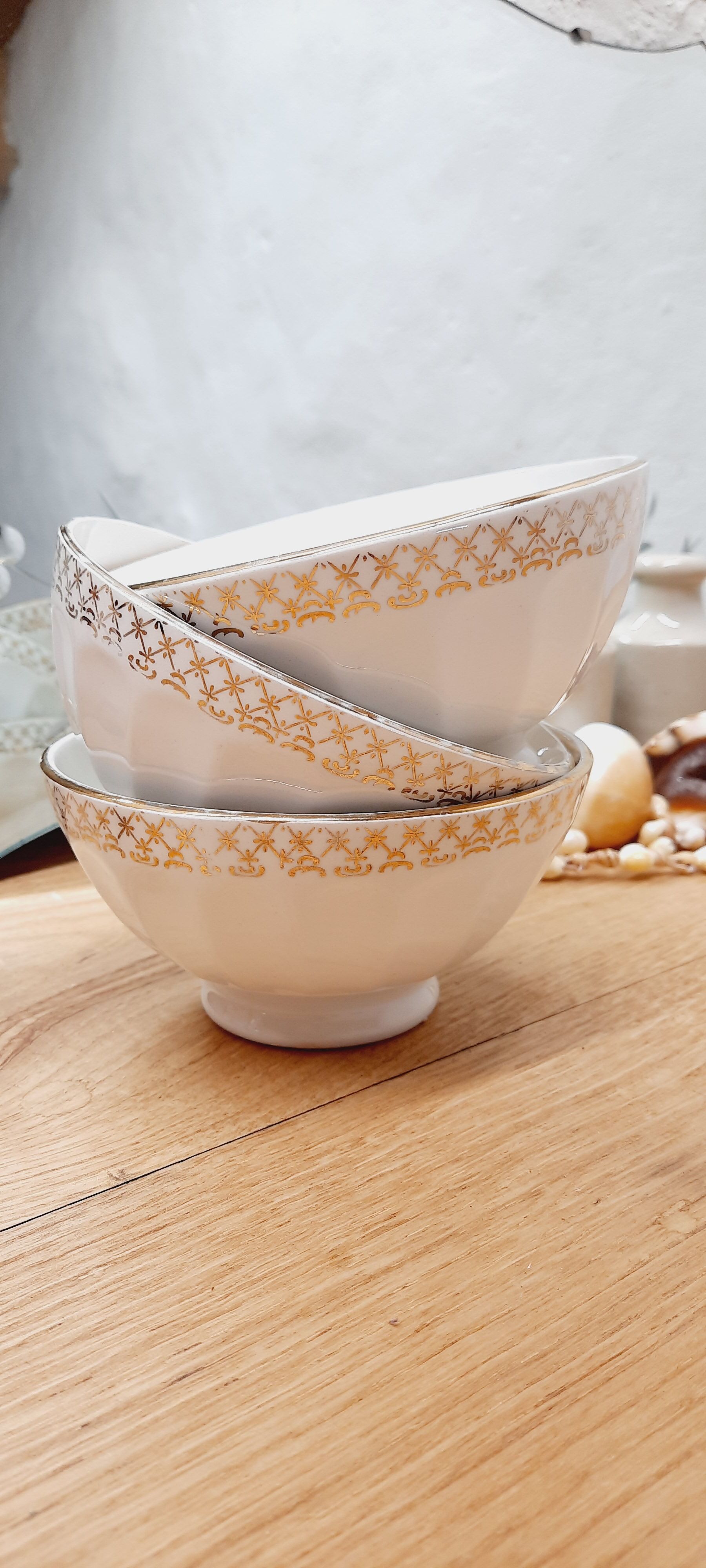 Set 3 bols faience blanc et or
