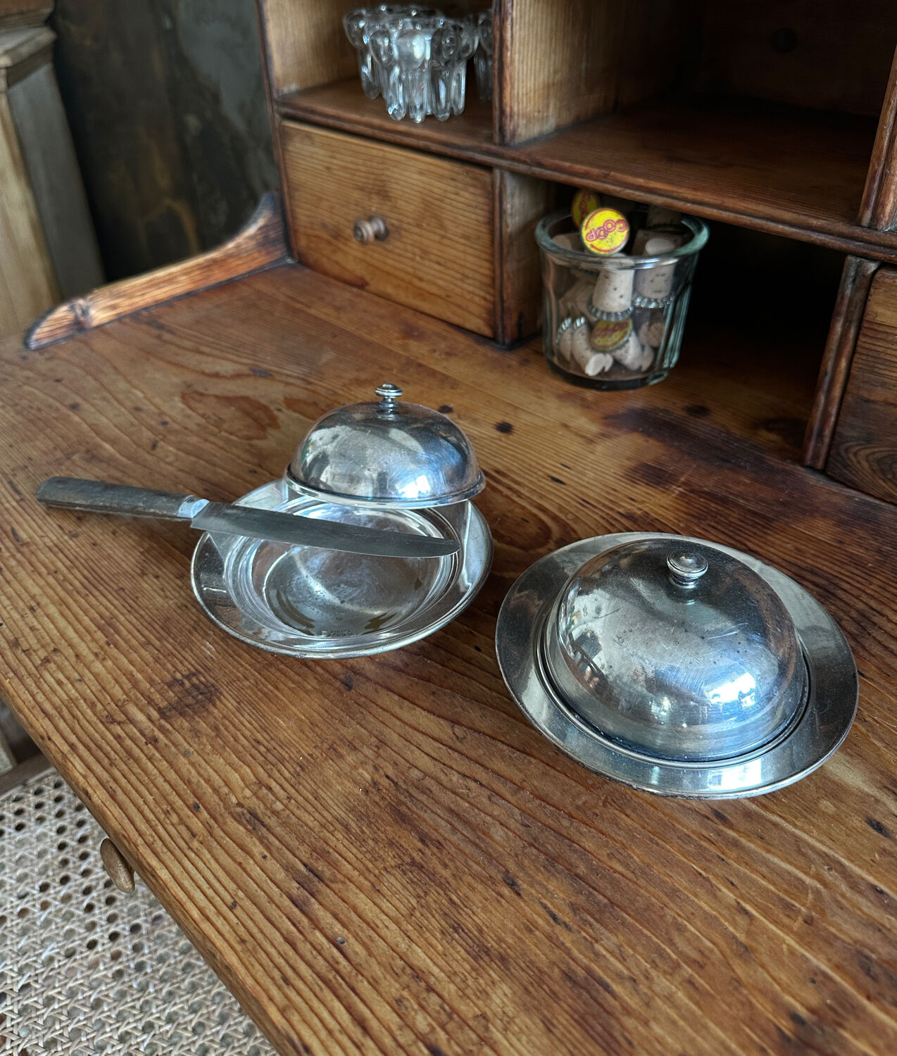 Old stamped silver metal butter dish