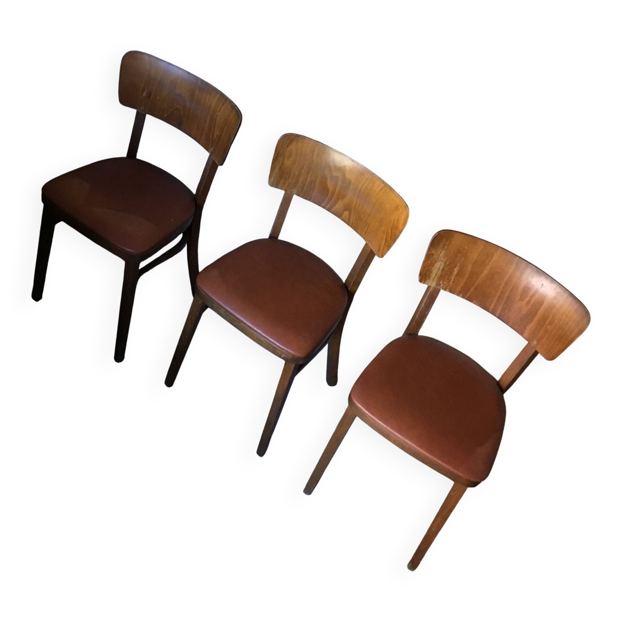Lot de 3 chaises bistrot thonet bois courbé et skaï marron